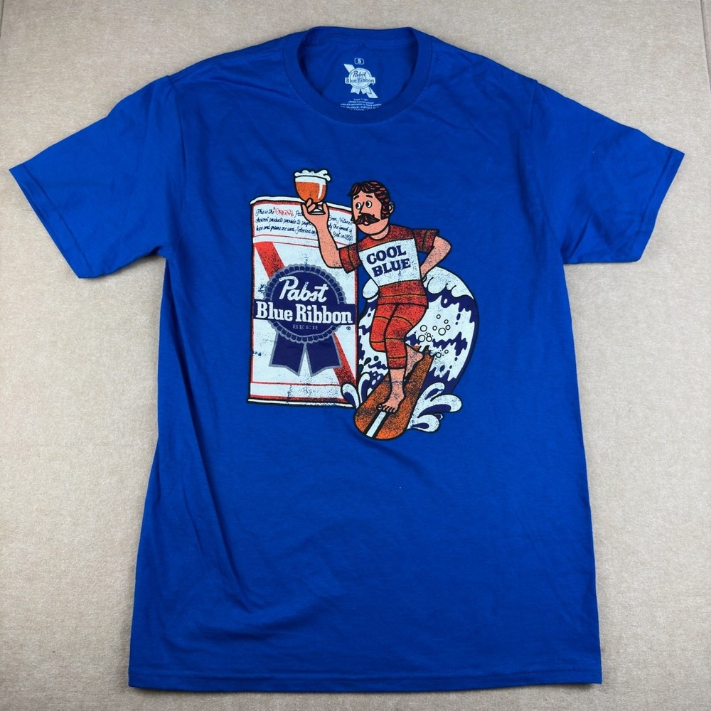 Pabst Blue Ribbon Graphic Tee Unisex Small Blue‎ Beer Surf Cartoon Shirt